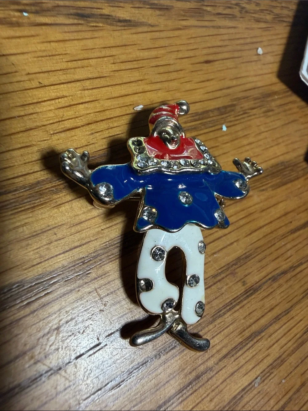 Playful Clown Brooch in Blue, White & Red with Rhinestone Accents